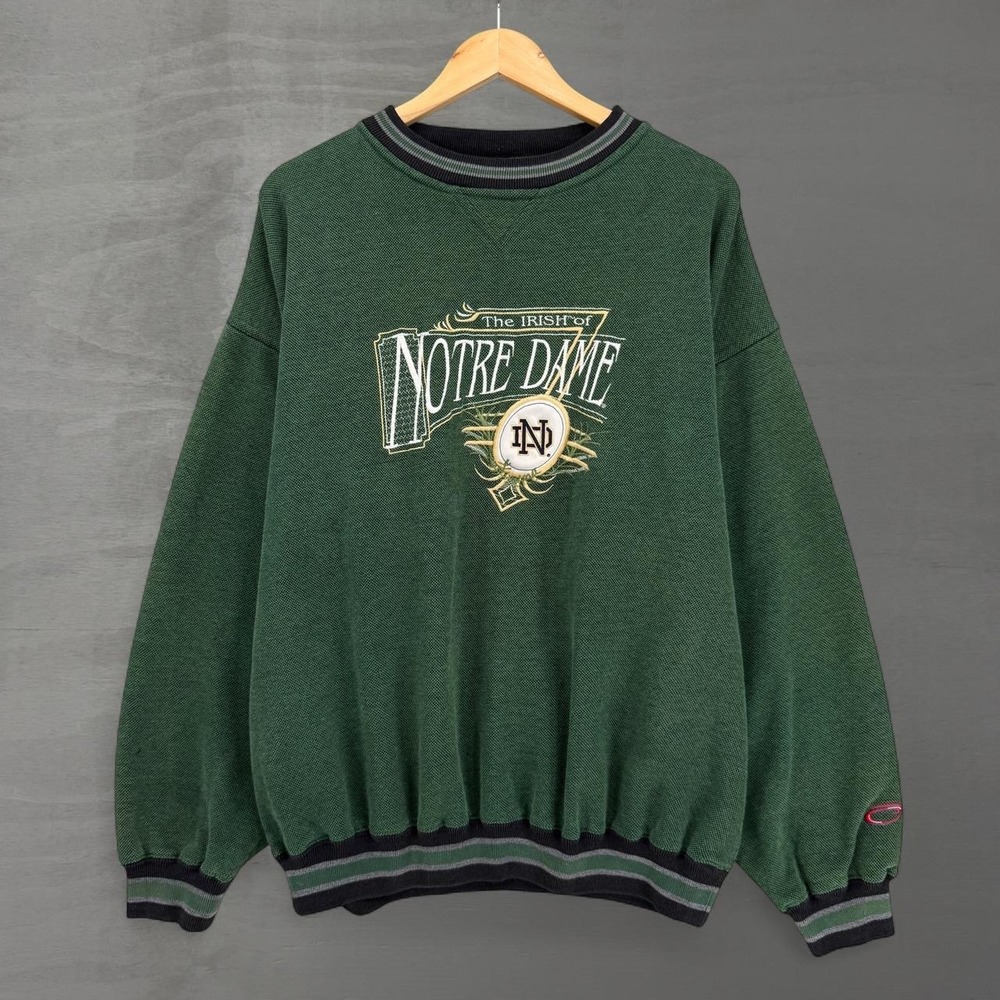 Vintage Notre Dame Sweatshirt Textured Green Retro Pullover Crewneck 90s XL